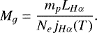\begin{equation*} M_{g} = \frac{m_{p}L_{H\alpha}}{N_{e}j_{H\alpha}(T)}.\end{equation*}