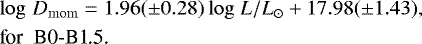 \begin{eqnarray*} &&\hskip-7pt\log\,D_{\rm{mom}}= 1.96(\pm0.28) \log\,L/L_{\odot} &#x002B; 17.98(\pm1.43),\nonumber \\ &&\hskip-7pt\textrm{for\; B0-B1.5.}\end{eqnarray*}