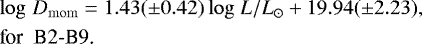 \begin{eqnarray*} &&\hskip-7pt\log\,D_{\rm{mom}}= 1.43(\pm0.42) \log\,L/L_{\odot} &#x002B; 19.94(\pm2.23),\nonumber\\ &&\hskip-7pt\textrm{for\; B2-B9.}\end{eqnarray*}