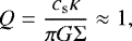 \begin{equation*} Q = \frac{c_{\mathrm{s}} \kappa}{\pi G {\rm{\Sigma}}} \approx 1 ,\end{equation*}