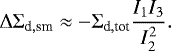\begin{equation*} {\mathrm{\Delta}} {\mathrm{\Sigma}}_{\textrm{d},\textrm{sm}} \approx - {\mathrm{\Sigma}}_{\textrm{d},\textrm{tot}} \frac{I_1 I_3}{I_2^2}. \end{equation*}
