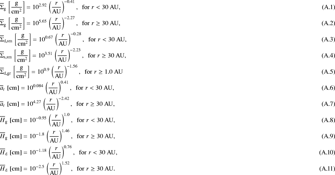 \begin{align} &\overline{{\mathrm{\Sigma}}}_{\textrm{g}} \, \left[{\mathrm{g} \over \mathrm{cm}^{2}}\right] =10^{2.92}\, \left({r \over \mathrm{AU}}\right)^{-0.41}, \,\,\, \mathrm{for} \,\, r < 30~\mathrm{AU}, \\ &\overline{{\mathrm{\Sigma}}}_{\textrm{g}} \, \left[{\mathrm{g} \over \mathrm{cm}^{2}}\right] =10^{5.65}\, \left( {r \over \mathrm{AU}} \right)^{-2.27}, \,\,\, \mathrm{for} \,\, r\ge 30~\mathrm{AU},\\ &\overline{{\mathrm{\Sigma}}}_{\textrm{d},\textrm{sm}} \, \left[{\mathrm{g} \over \mathrm{cm}^{2}}\right] =10^{0.67}\, \left({r \over \mathrm{AU}}\right)^{-0.28}, \,\,\, \mathrm{for} \,\, r < 30~\mathrm{AU}, \\ &\overline{{\mathrm{\Sigma}}}_{\textrm{s,sm}} \, \left[{\mathrm{g} \over \mathrm{cm}^{2}}\right] =10^{3.51}\, \left( {r \over \mathrm{AU}} \right)^{-2.23}, \,\,\, \mathrm{for} \,\, r\ge 30~\mathrm{AU},\\ &\overline{{\mathrm{\Sigma}}}_{\textrm{d},\textrm{gr}} \, \left[{\mathrm{g} \over \mathrm{cm}^{2}}\right] =10^{0.9}\, \left({r \over \mathrm{AU}}\right)^{-1.56}, \,\,\, \mathrm{for} \,\, r\ge 1.0~\mathrm{AU}\\ &\overline{a}_{\textrm{r}} \, \left[\mathrm{cm}\right] =10^{0.084}\, \left({r \over \mathrm{AU}}\right)^{0.41}, \,\,\, \mathrm{for} \,\, r < 30~\mathrm{AU}, \\ &\overline{a}_{\textrm{r}} \, \left[\mathrm{cm}\right] =10^{4.27}\, \left( {r \over \mathrm{AU}} \right)^{-2.42}, \,\,\, \mathrm{for} \,\, r\ge 30~\mathrm{AU},\\ &\overline{H}_{\textrm{g}} \, \left[\mathrm{cm}\right] =10^{-0.95}\, \left({r \over \mathrm{AU}}\right)^{1.0}, \,\,\, \mathrm{for} \,\, r < 30~\mathrm{AU}, \\ &\overline{H}_{\textrm{g}} \, \left[\mathrm{cm}\right] =10^{-1.8}\, \left( {r \over \mathrm{AU}} \right)^{1.46}, \,\,\, \mathrm{for} \,\, r\ge 30~\mathrm{AU},\\ &\overline{H}_{\textrm{d}} \, \left[\mathrm{cm}\right] =10^{-1.18}\, \left({r \over \mathrm{AU}}\right)^{0.76}, \,\,\, \mathrm{for} \,\, r < 30~\mathrm{AU}, \\ &\overline{H}_{\textrm{d}} \, \left[\mathrm{cm}\right] =10^{-2.5}\, \left( {r \over \mathrm{AU}} \right)^{1.52}, \,\,\, \mathrm{for} \,\, r\ge 30~\mathrm{AU}. \end{align}