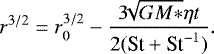 \begin{equation*}r^{3/2}=r_0^{3/2}-\frac{3 \sqrt[]{GM \ast} \eta t}{2 (\textrm{St}&#x002B;\textrm{St}^{-1})}. \end{equation*}