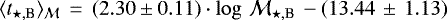 $\langle t_{\star,\textrm{B}} \rangle_{{\cal M}}\,=\,(2.30 \pm 0.11) \cdot \log\, {\cal M}_{\star,\textrm{B}} \,- (13.44\,\pm\,1.13)$