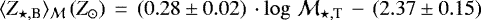$\langle Z_{\star,\textrm{B}} \rangle_{{\cal M}}\,(Z_{\odot})\,=\,(0.28 \pm 0.02)\,\cdot \log\,{\cal M}_{\star,\textrm{T}} \,-\,(2.37 \pm 0.15)$