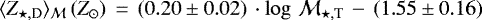 $\langle Z_{\star,\textrm{D}} \rangle_{{\cal M}}\,(Z_{\odot})\,=\,(0.20 \pm 0.02)\,\cdot \log\,{\cal M}_{\star,\textrm{T}}\,-\,(1.55 \pm 0.16)$
