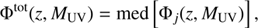 $$ {{\text{ }\!\!\Phi\!\!\text{ }}^{\text{tot}}}(z,{{M}_{\text{UV}}})=\text{med}\left[ {{\Phi }_{j}}(z,{{M}_{\text{UV}}}) \right], $$