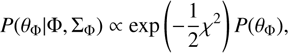$$ P({\theta }_{\Phi }|\mathrm{\Phi},{\mathrm{\Sigma }}_{\mathrm{\Phi }})\propto \mathrm{exp}(-\frac{1}{2}{\chi }^2)P({\theta }_{\Phi }), $$