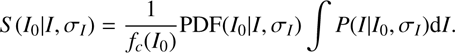 $$ S({I}_0|I,{\sigma }_I)=\frac{1}{{f}_c({I}_0)}{PDF}(I_{0}|{I}{\sigma }_I)\int P(I|{I}_0,{\sigma }_I)\text{d}I. $$