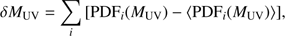 $$ \delta {M}_{\mathrm{UV}}=\sum_i \left[\mathrm{PDF}_i({M}_{\mathrm{UV}})-\left\langle \mathrm{PDF}_i({M}_{\mathrm{UV}}\right)\right\rangle], $$