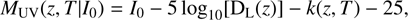 $$ {M}_{\rm{UV}}(z,T|{I}_0)={I}_0-5\thinspace{\mathrm{log}}_{10}[{D}_{\rm{L}(z)}]-k(z,T)-25, $$