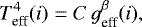 \begin{equation*} T_{\textrm{eff}}^{4}(i) = C\,g_{\textrm{eff}}^{\beta}(i),\end{equation*}