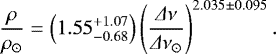\begin{align*} \frac{\rho}{\rho_{\odot}} = \left(1.55^{&#x002B;1.07}_{-0.68} \right) \left( \frac{{{\Delta}} \nu}{{{\Delta}} \nu_{\odot}} \right)^{2.035 \pm 0.095}.\end{align*}
