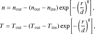 \begin{eqnarray*} \hspace*{-4pt} n = n_{\mathrm{out}} - (n_{\mathrm{out}} - n_{\mathrm{ins}}) \exp \left[ - \left( \frac{r}{d} \right) ^8 \right],\nonumber \\ T = T_{\mathrm{out}} - (T_{\mathrm{out}} - T_{\mathrm{ins}}) \exp \left[ - \left( \frac{r}{d} \right) ^8 \right],\end{eqnarray*}
