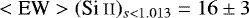 $<\textrm{EW}> (\ion{Si}{ii})_{s<1.013}= 16 \pm 3 $
