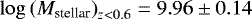 $\log{(M_{\textrm{stellar}})}_{z<0.6}=9.96\pm0.14$