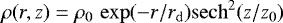 \begin{equation*} \rho(r, z) = \rho_0\,\exp(-r/r_{\mathrm{d}})\mathrm{sech}^2(z/z_0)\end{equation*}