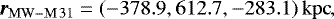 \begin{equation*} \vec{r}_{\mathrm{MW}-\mathrm{M\,}31} = (-378.9, 612.7, -283.1)\, \mathrm{kpc},\end{equation*}