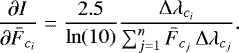 \begin{equation*} \frac{\partial I}{\partial \bar{F}_{c_{i}}} = \frac{2.5}{\ln (10)} \frac{{\mathrm{\Delta}} \lambda_{c_{i}}}{\sum^{n}_{j=1} \bar{F}_{c_{j}} \, {\mathrm{\Delta}} \lambda_{c_{j}}}. \end{equation*}