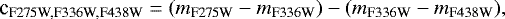 \begin{equation*} \textrm{c}_{\textrm{F275W,F336W,F438W}} = (m_{\textrm{F275W}} - m_{\textrm{F336W}}) - (m_{\textrm{F336W}} - m_{\textrm{F438W}}),\vspace*{-3pt} \end{equation*}
