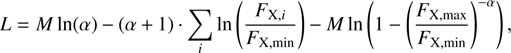 $$ L=M\mathrm{ln}\left(\alpha \right)-\left(\alpha +1\right)\cdot \sum_i\mathrm{ln}\left(\frac{{F}_{{\mathrm X},i}}{{F}_{{\mathrm X},\mathrm{min}}}\right)-M\mathrm{ln}\left(1-{\left(\frac{{F}_{{\mathrm X},\mathrm{max}}}{{F}_{{\mathrm X},\mathrm{min}}}\right)}^{-\alpha }\right), $$