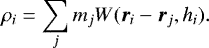 \begin{equation*}\rho _{i} =\sum _{j} m_{j} W(\vec{r}_{i}-\vec{r}_{j},h_{i}). \vspace*{-36pt} \end{equation*}