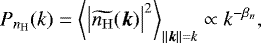 \begin{equation*} P_{{n_{\mathrm{H}}}}(k)=\left<\left|\widetilde{{n_{\mathrm{H}}}}(\boldsymbol{k})\right|^2\right>_{||\boldsymbol{k}||=k} \propto k^{-\beta_n}, \end{equation*}