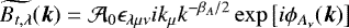 \begin{equation*}\widetilde{B_{t,\lambda}}(\boldsymbol{k})=\mathcal{A}_0\epsilon_{\lambda\mu\nu}ik_{\mu} k^{-\beta_A/2}\exp\left[i\phi_{A_{\nu}}(\boldsymbol{k})\right] \end{equation*}