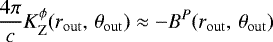 \begin{eqnarray*}\frac{4\pi}{c}K^{\phi}_{\rm{Z}}(r_{\rm{out}}, \, \theta_{\rm{out}}) \approx -B^{P}(r_{\rm{out}}, \, \theta_{\rm{out}}) \end{eqnarray*}