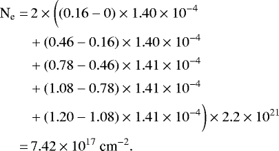 \begin{equation*} \begin{aligned} \text{N}_{\text{e}} =& \, 2 \times \bigg( (0.16 - 0) \times 1.40 \times 10^{-4} \\&&#x002B; (0.46 - 0.16) \times 1.40 \times 10^{-4} \\ & &#x002B; (0.78 - 0.46) \times 1.41 \times 10^{-4} \\& &#x002B; (1.08 - 0.78) \times 1.41 \times 10^{-4} \\ & &#x002B; (1.20 - 1.08) \times 1.41 \times 10^{-4} \bigg) \times 2.2 \times 10^{21} \\ =&\, 7.42 \times 10^{17}~\text{cm}^{-2}. \end{aligned} \end{equation*}