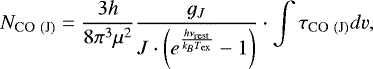 \begin{equation*} N_{\mathrm{CO}~ (\mathrm{J})} = \frac{3h}{8\pi^3\mu^2}\frac{g_J}{J\cdot\bigg(e^{\frac{h\nu_{\textrm{rest}}}{k_BT_{\mathrm{ex}}}}-1\bigg)} \cdot \int \tau_{\mathrm{CO}~(\mathrm{J})} dv ,\end{equation*}
