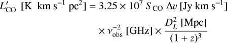 \begin{equation*} \begin{split} L&#x0027;_{\textrm{CO}}~\, [\textrm{K~ km~s}^{-1}~ \textrm{pc}^2] =& ~ 3.25\times10^{7}~S_{\textrm{CO}}~\mathrm{\Delta} v~ [\textrm{Jy~km~s}^{-1}] \\ &\times\nu_{\textrm{obs}}^{-2}~[\textrm{GHz}] \times \frac{D_L^2~[\textrm{Mpc}]}{(1&#x002B;z)^3} \end{split} \end{equation*}