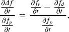 \begin{equation*} \frac{\frac{\partial\Delta f}{\partial t}}{\frac{\partial f_p}{\partial t}} = \frac{\frac{\partial f_r}{\partial t}-\frac{\partial f_d}{\partial t}}{\frac{\partial f_p}{\partial t}}. \end{equation*}