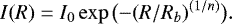 \begin{equation*} I(R)=I_{0}\exp{\big({-(R/R_{b})^{(1/n)}}\big)}.\end{equation*}