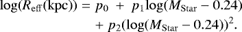 \begin{eqnarray*} \mathrm{log}(R_{\mathrm{eff}} {\mathrm{(kpc)}}) & =& p_0 \ &#x002B; \ p_1 \mathrm{log}( M_{\mathrm{Star}}-0.24) \nonumber\\ && &#x002B; \ p_2 (\mathrm{log}(M_{\mathrm{Star}}-0.24))^2.\end{eqnarray*}
