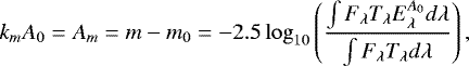 \begin{equation*} k_m A_0 = A_m = m - m_0 = -2.5 \log_{10}\left(\frac{\int F_{\lambda} T_{\lambda} E_{\lambda}^{A_0} d\lambda}{\int F_{\lambda} T_{\lambda} d\lambda}\right) ,\end{equation*}