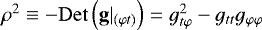 $\rho^2 \equiv- \mathrm{Det}\left(\mathbf{g}|_{(\varphi t)}\right)= g_{t\varphi}^2- g_{tt}g_{\varphi \varphi}$