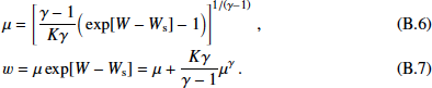 \begin{align}&\mu = \left[\frac{\gamma-1}{K\gamma}\Big(\exp [W-W_{\mathrm{s}}] - 1\Big)\right]^{1/(\gamma-1)} \,,\\ &w = \mu \exp [W-W_{\mathrm{s}}] = \mu &#x002B; \frac{K \gamma}{\gamma -1} \mu^{\gamma}\,.\end{align}