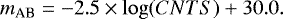 \begin{equation*} m_{\textrm{AB}} = -2.5 \times \log({ CNTS}) &#x002B; 30.0 .\end{equation*}