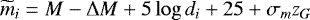 \begin{equation*} \widetilde{m}_{i} = M - \mathrm{\Delta} M &#x002B; 5 \log d_{i} &#x002B; 25 &#x002B; \sigma_{m} z_{G} \end{equation*}