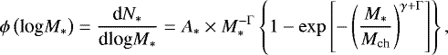 \begin{equation*} \phi\left(\textrm{log} M_{*}\right)=\frac{{\textrm{d}}N_{*}} {{\textrm{d}}\textrm{log}M_{*}}=A_{*}\times M_{*}^{-{\rm{\Gamma}}}\left\{1-\exp\left[-\left(\frac{M_{*}}{M_{\textrm{ch}}}\right)^{\gamma&#x002B;{\rm{\Gamma}}}\right] \right\},\end{equation*}