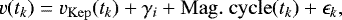 \begin{equation*}v(t_k) = v_{\mathrm{Kep}}(t_k) &#x002B; \gamma_{i} &#x002B; \mathrm{Mag.\ cycle}(t_k) &#x002B; \epsilon_k, \end{equation*}