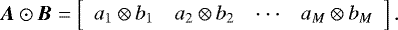 \begin{equation*} \vec{A} \odot \vec{B} = \left[ \begin{array}{cccc} a_{1} \otimes b_{1} & a_{2} \otimes b_{2} & \cdot \cdot \cdot & a_{M} \otimes b_{M} \end{array} \right]. \end{equation*}
