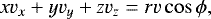 \begin{equation*} x v_x &#x002B; y v_y &#x002B; z v_z=r v \cos \phi, \end{equation*}