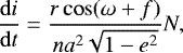 \begin{equation*}\frac{\mathrm{d}i}{\mathrm{d}t} = \frac{r\cos(\omega&#x002B;f)}{na^2\sqrt{1-e^2}}N, \end{equation*}