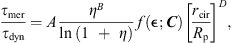 $$ \frac{{\tau }_{\mathrm{mer}}}{{\tau }_{\mathrm{dyn}}}=A\frac{{\eta }^B}{\mathrm{ln}\left(1+\eta \right)}f\left(\mathrm{\epsilon };{C}\right){\left[\frac{{r}_{\mathrm{cir}}}{{R}_{\mathrm{p}}}\right]}^D, $$