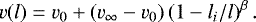 \begin{equation*}v(l) = v_0 &#x002B; (v_{\infty} - v_0)\,(1 - l_i/l)^{\beta}\,. \end{equation*}