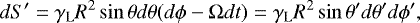 \begin{equation*}dS&#x0027; = \gamma_{\text{L}} R^2 \sin\theta d\theta (d\phi - \mathrm{\Omega} dt) = \gamma_{\text{L}} R^2 \sin\theta&#x0027; d\theta&#x0027; d\phi&#x0027;, \end{equation*}