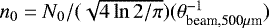 $n_{0} = N_{0}/(\sqrt{4 \ln{2}/\pi})(\theta_{\textrm{beam,500}\mu\textrm{m}}^{-1})$
