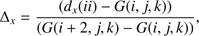 $$ {\mathrm\Delta}_x=\frac{(d_x{(ii)}-G{(i,j,k)})}{(G{(i+2,j,k)-G{(i,j,k)}})}, $$
